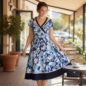 Sandra Darren Abstract Print Fit & Flare Dress – Size 12 – Blue/Navy